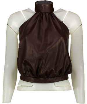 A VINTAGE FIT Brown Butter-soft Faux Leather Backless Halter Top UK M