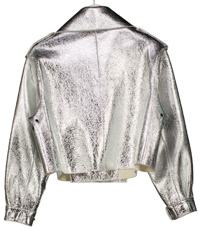 JANE & TASH Metallic Silver Oversize Leather Jacket UK S