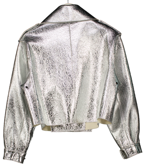 JANE & TASH Metallic Silver Oversize Leather Jacket UK S