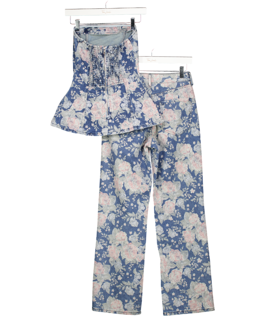 RIVER ISLAND 2-piece Blue Blue Denim Floral Bandeau Top & Relaxed Straight Jeans Set UK 6