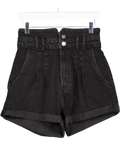 ZARA Black Denim Pleat Detail High Waisted Shorts UK 8