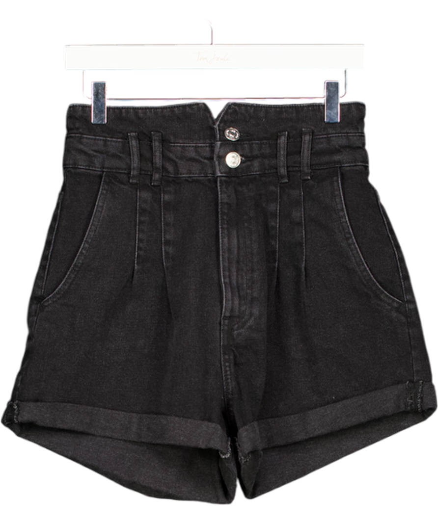 ZARA Black Denim Pleat Detail High Waisted Shorts UK 8