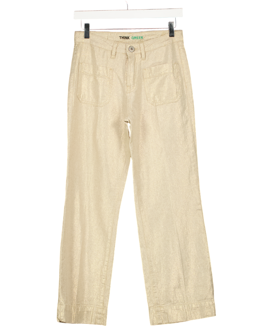 DENIM STUDIO Beige Metallic Linen Patch Pocket Cropped Straight Leg Trousers W25