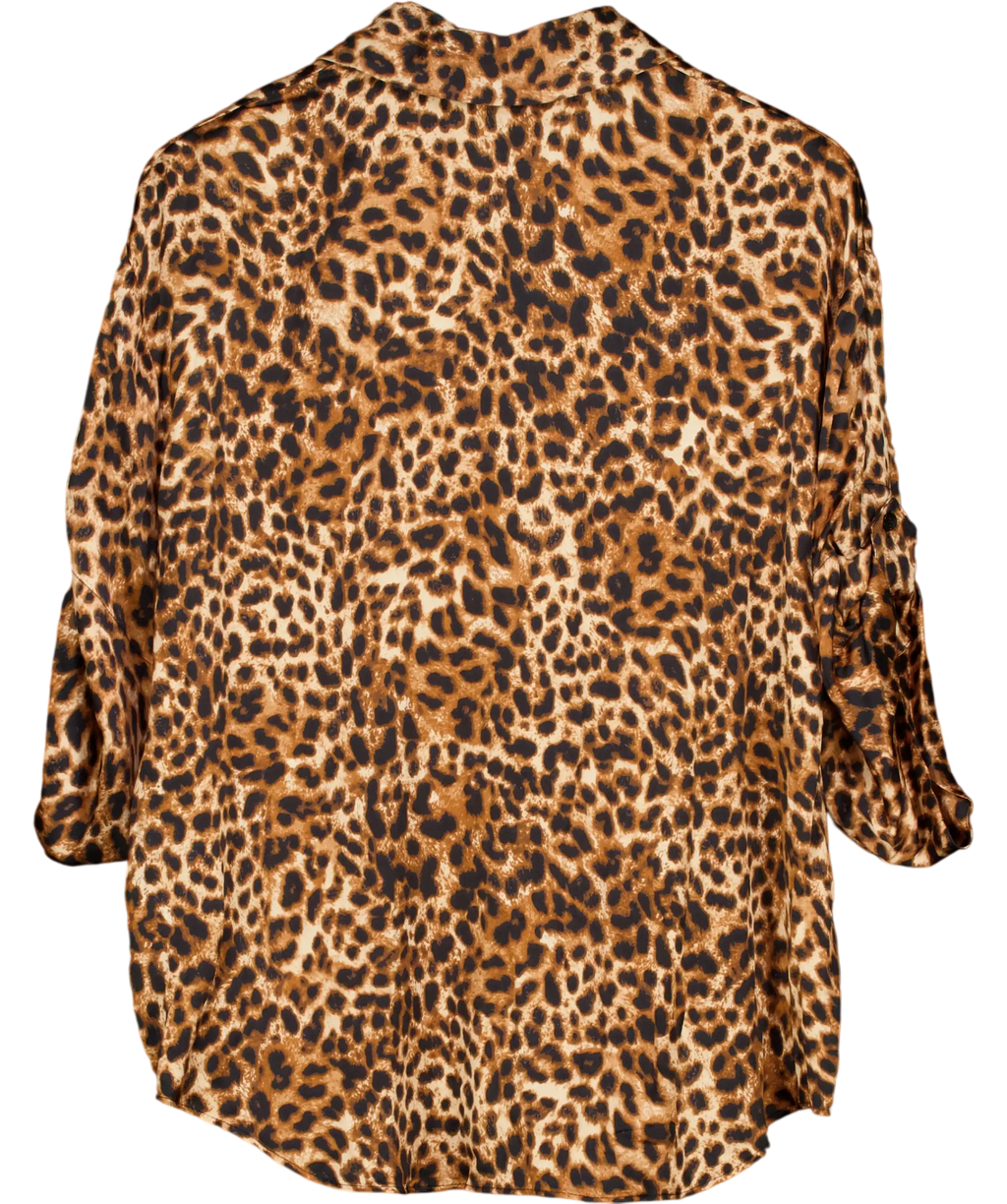 ZARA Brown Leopard Print Oversize Satin Shirt UK XS