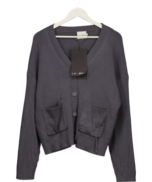 L.A - Space Slate Grey Knitted Wide Cuff Applique Cardigan Sz2 UK 10 /12