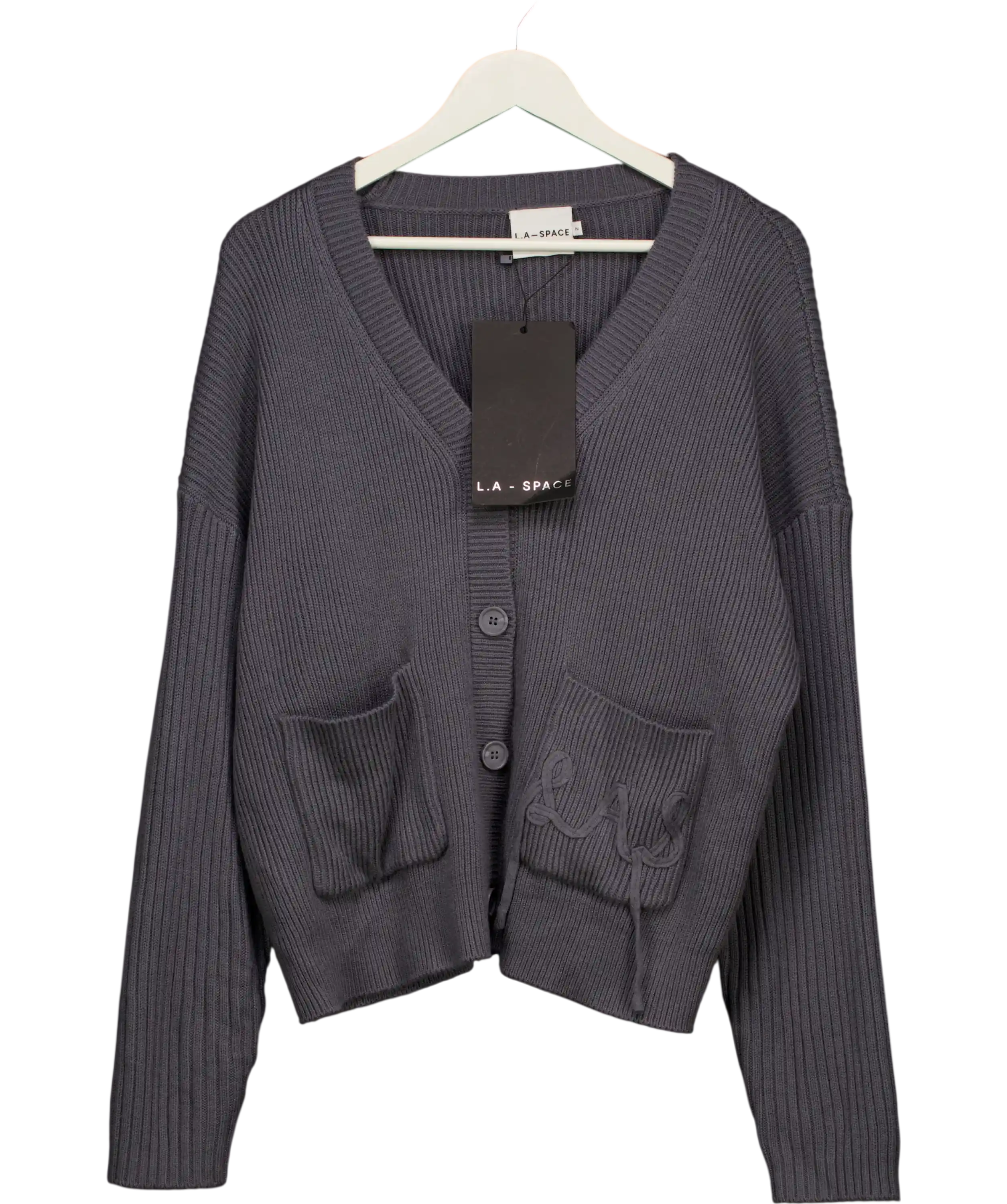 L.A - Space Slate Grey Knitted Wide Cuff Applique Cardigan Sz2 UK 10 /12