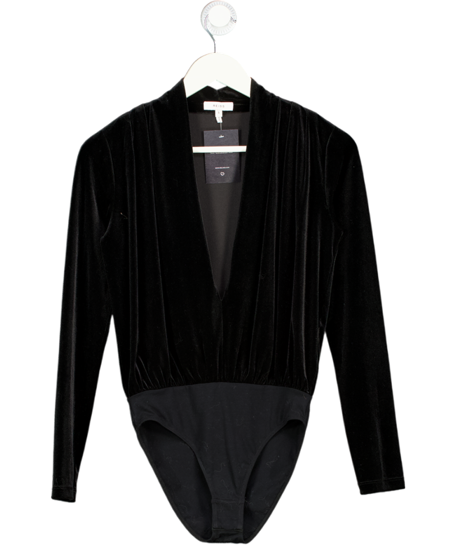 REISS Velvet Long Sleeve Plunge Bodysuit In Black UK S