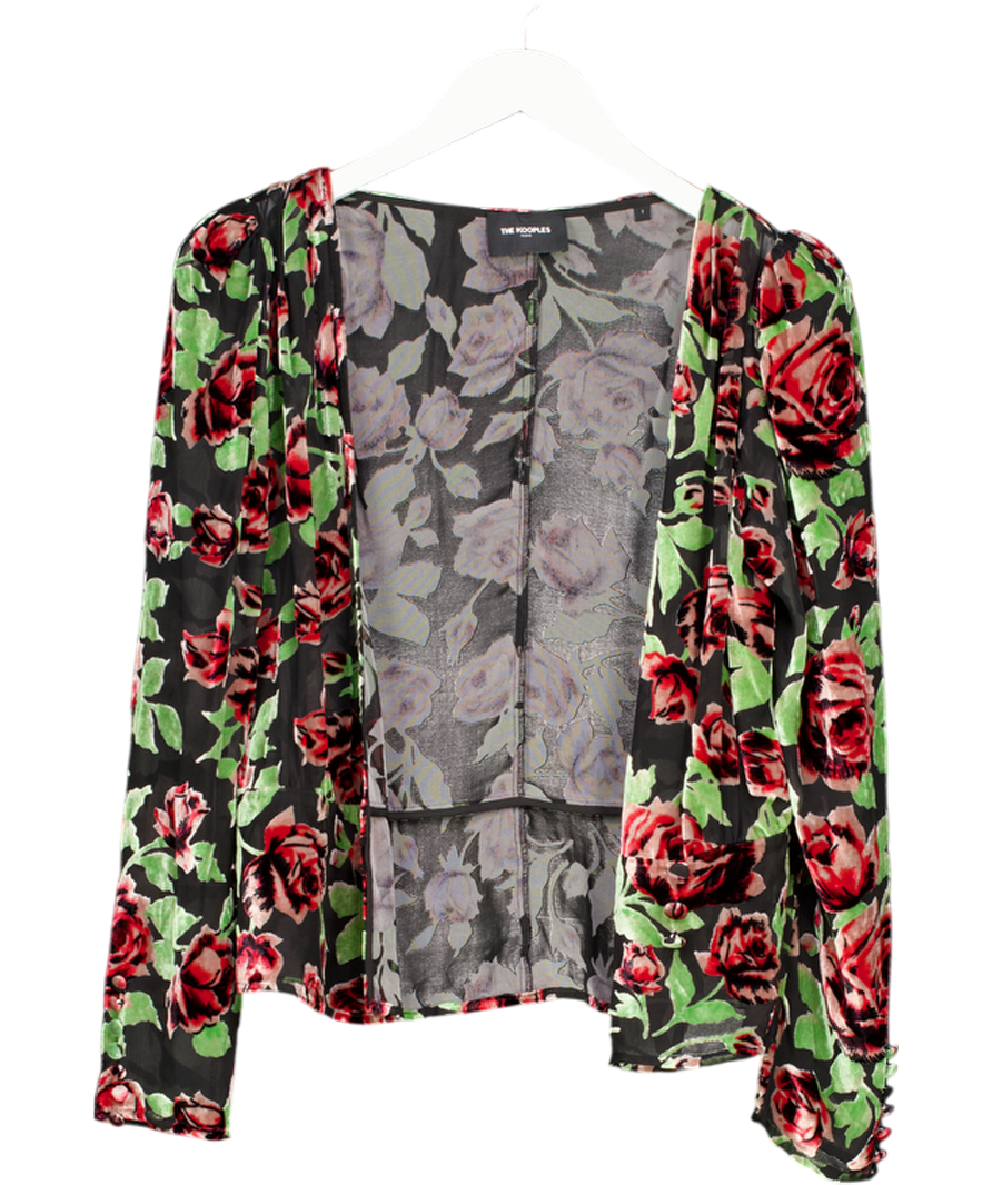 The Kooples Black Mesh Velvet Rose Long Sleeve Blouse UK 8