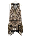 ROBERTO CAVALLI Brown / Beige Scarf Print 100% Silk Midi Dress With Handkerchief Hem It40 UK 8