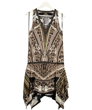 ROBERTO CAVALLI Brown / Beige Scarf Print 100% Silk Midi Dress With Handkerchief Hem It40 UK 8