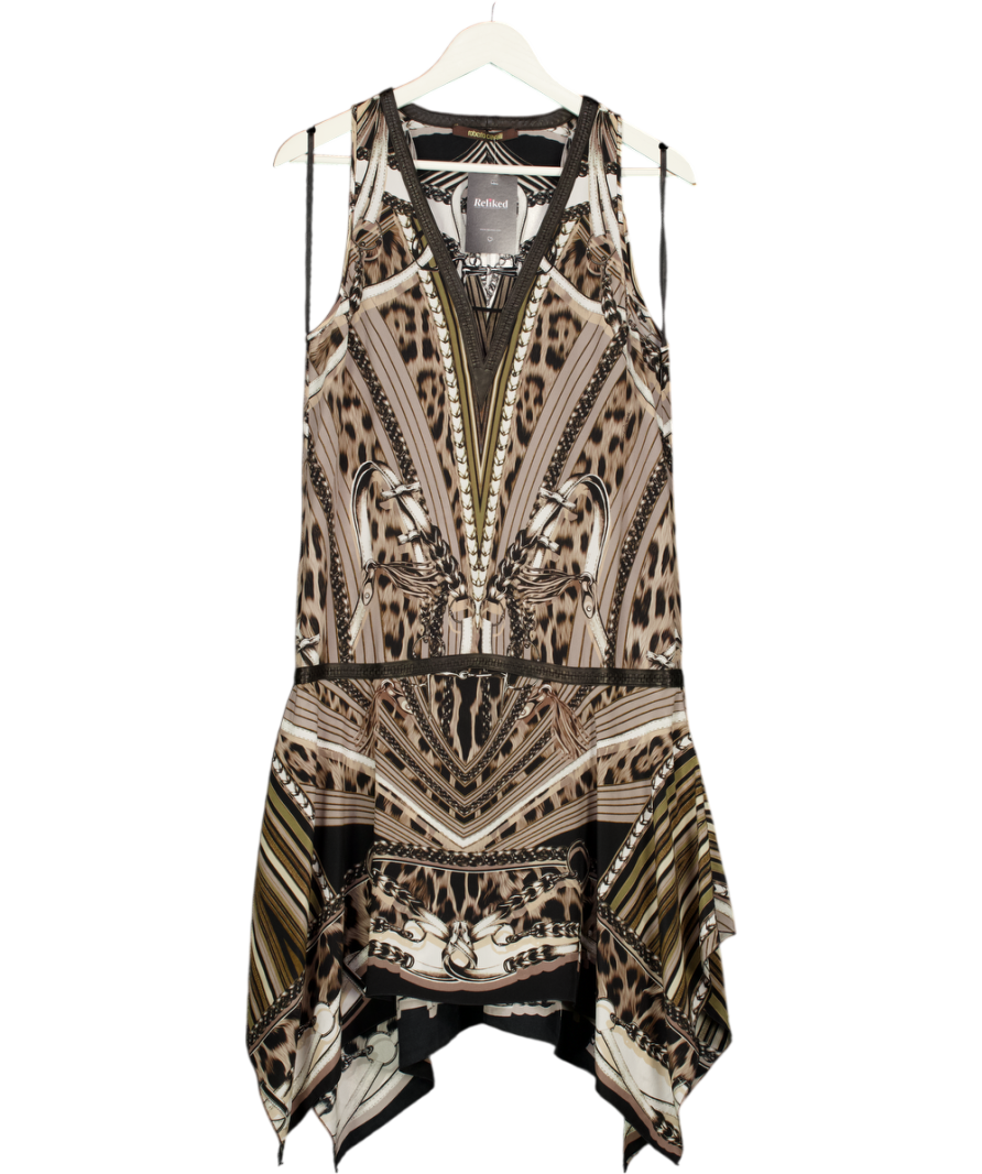 ROBERTO CAVALLI Brown / Beige Scarf Print 100% Silk Midi Dress With Handkerchief Hem It40 UK 8