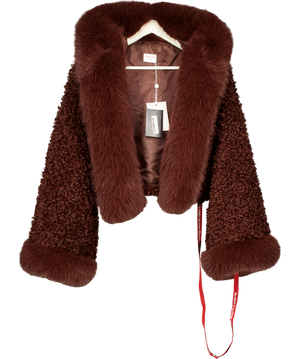 MISS CIRCLE Kali Mahogany Brown Cropped Vegan Shearling Fur Jacket UK M