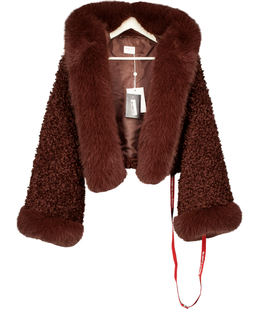 MISS CIRCLE Kali Mahogany Brown Cropped Vegan Shearling Fur Jacket UK M