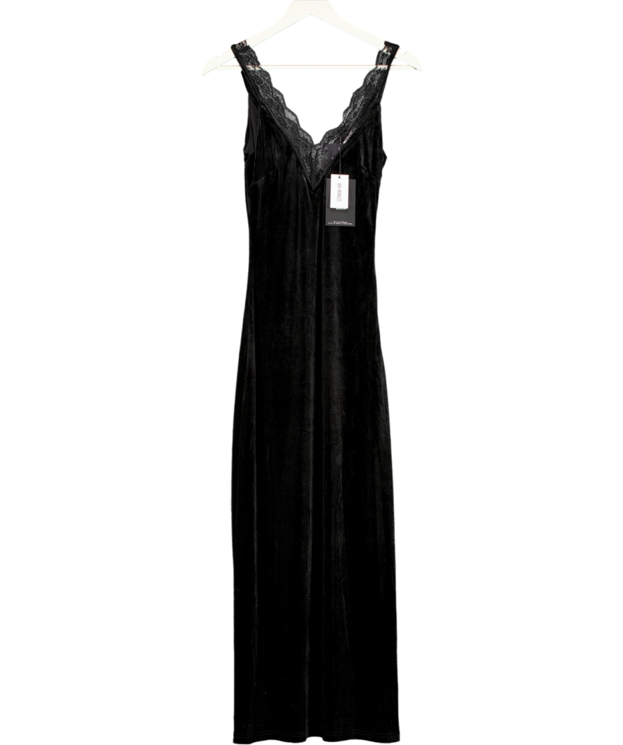 4th reckless Lilou Black Velvet Lace Trim Midaxi Dress UK 8