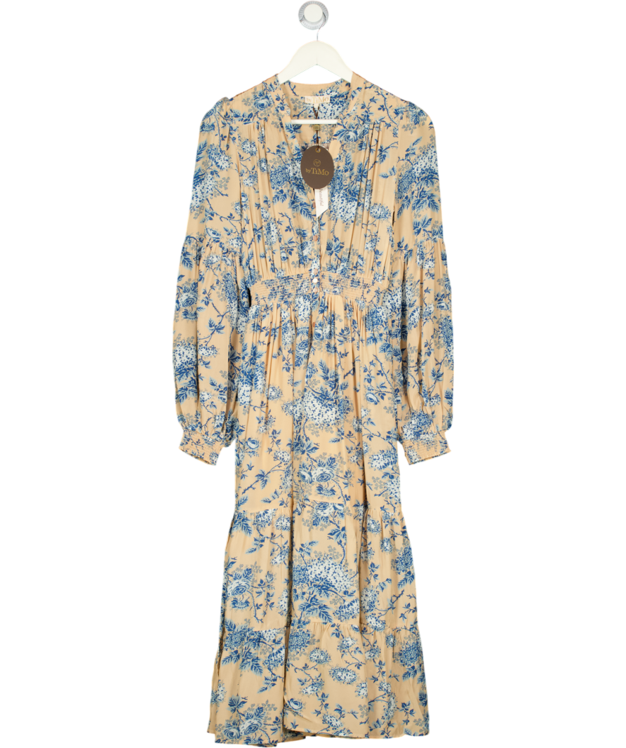 byTimo Blush Pink / Blue Hydrangea Print Shirred Waist Midi Dress UK XS