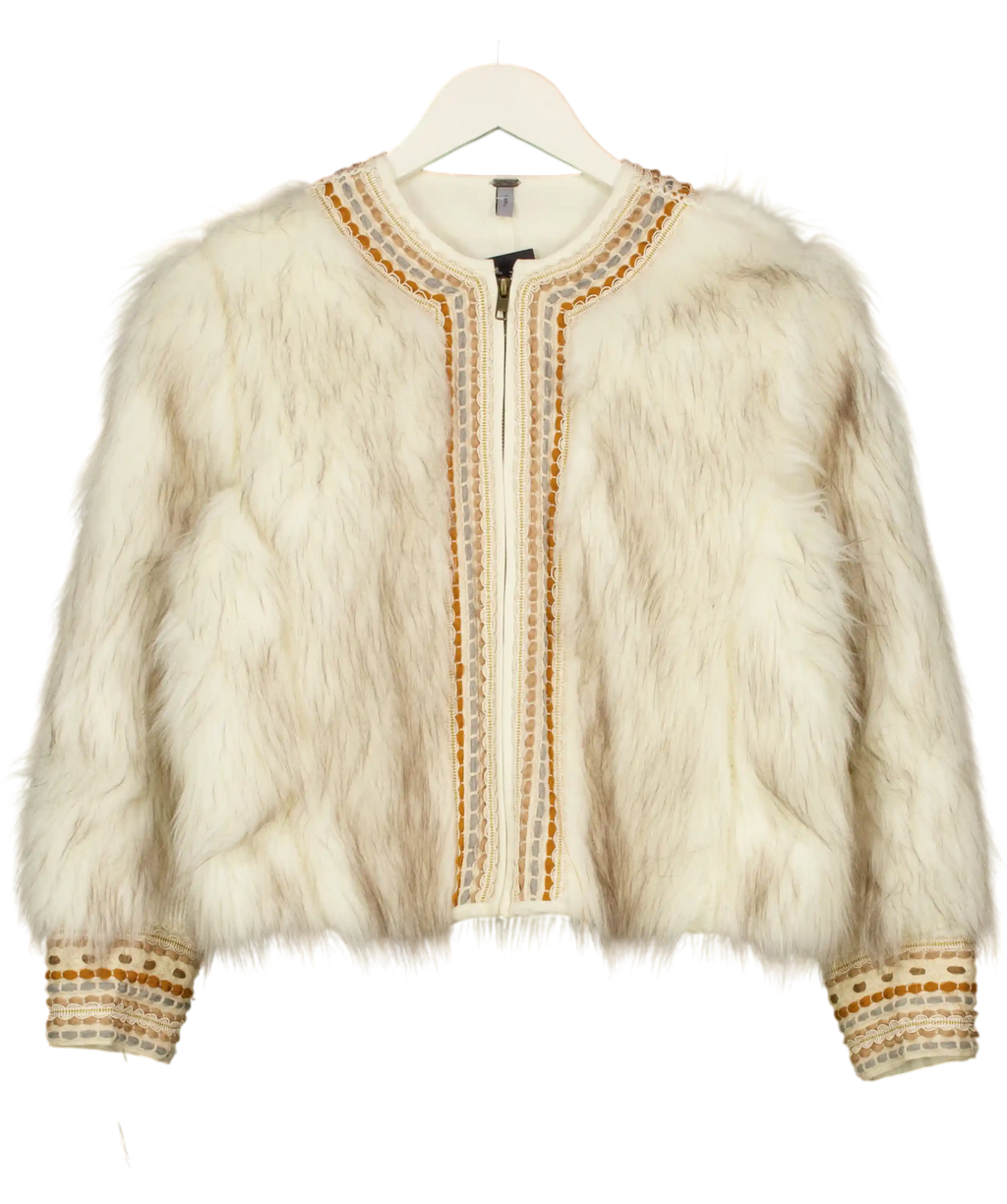 Free People Cream Embroidered Faux Fur Zip Jacket UK S
