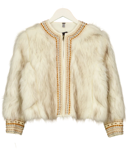 Free People Cream Embroidered Faux Fur Zip Jacket UK S