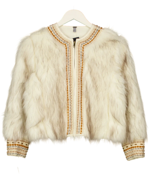 Free People Cream Embroidered Faux Fur Zip Jacket UK S