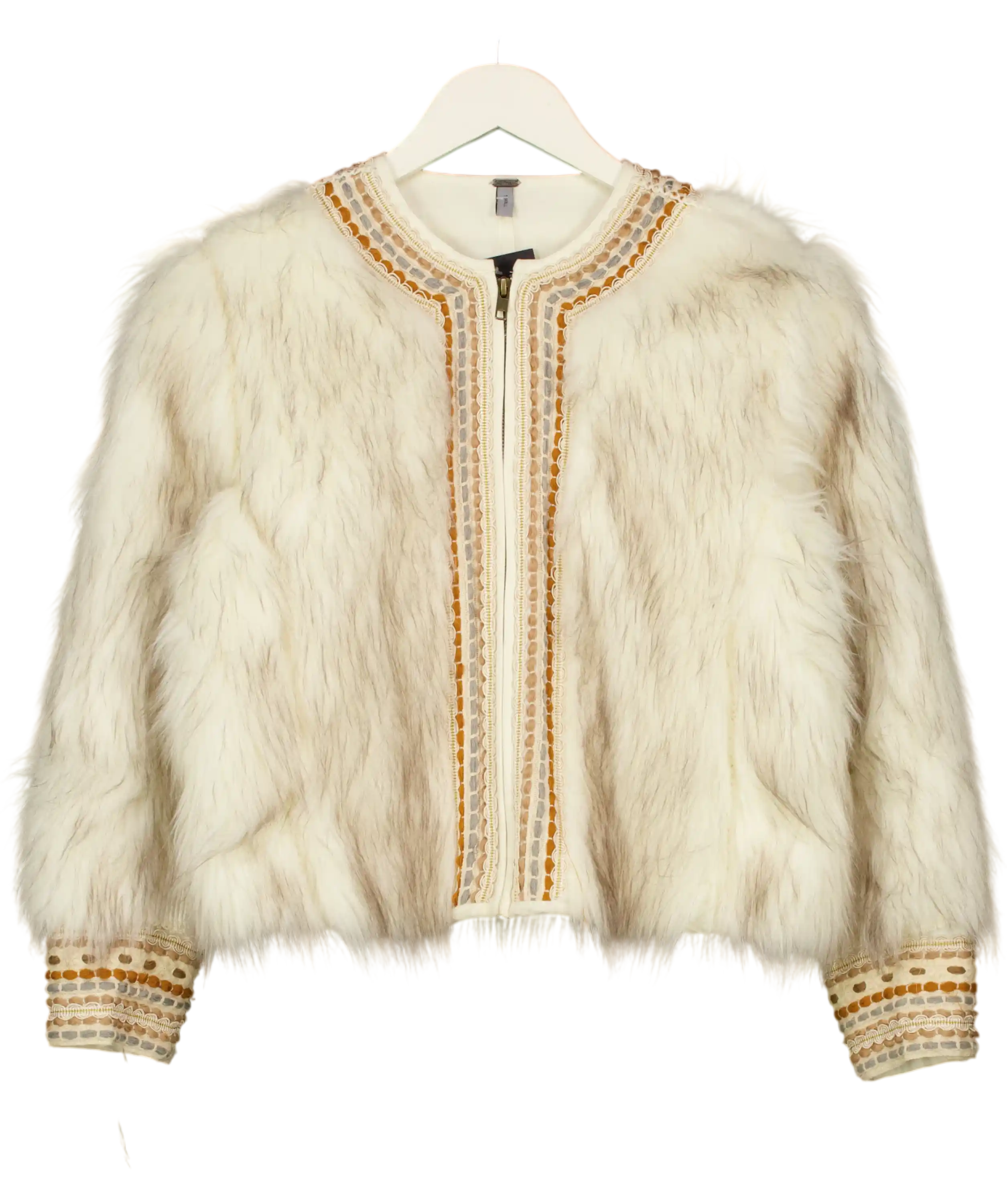 Free People Cream Embroidered Faux Fur Zip Jacket UK S