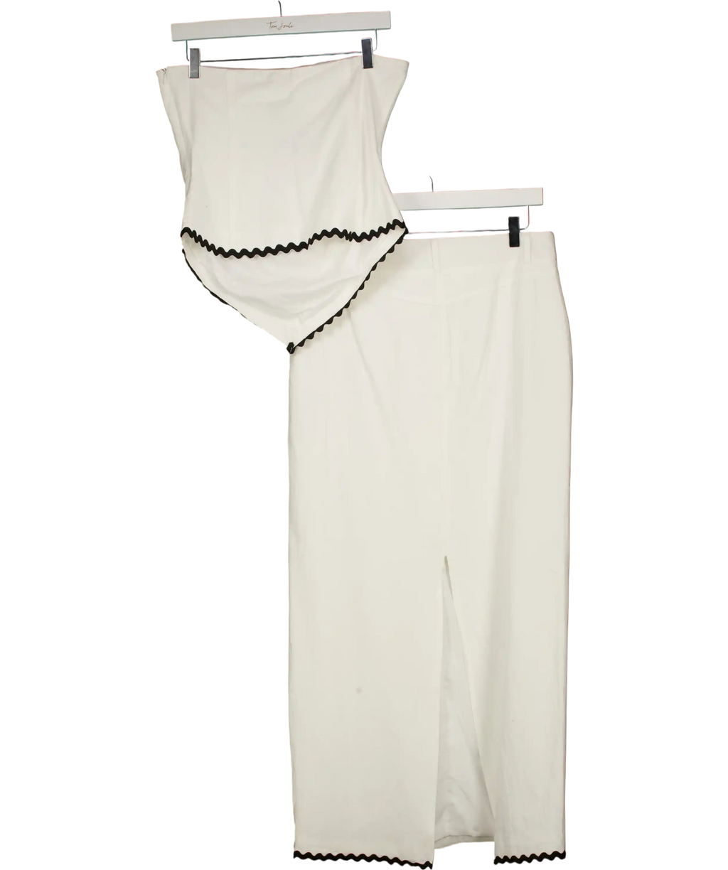 4th & Reckless White Linen Look Bandeau Envelope Hem Contrast Scallop Trim Top (uk 8)  And Maxi Skirt (uk 10) Co-ord Set UK S/M