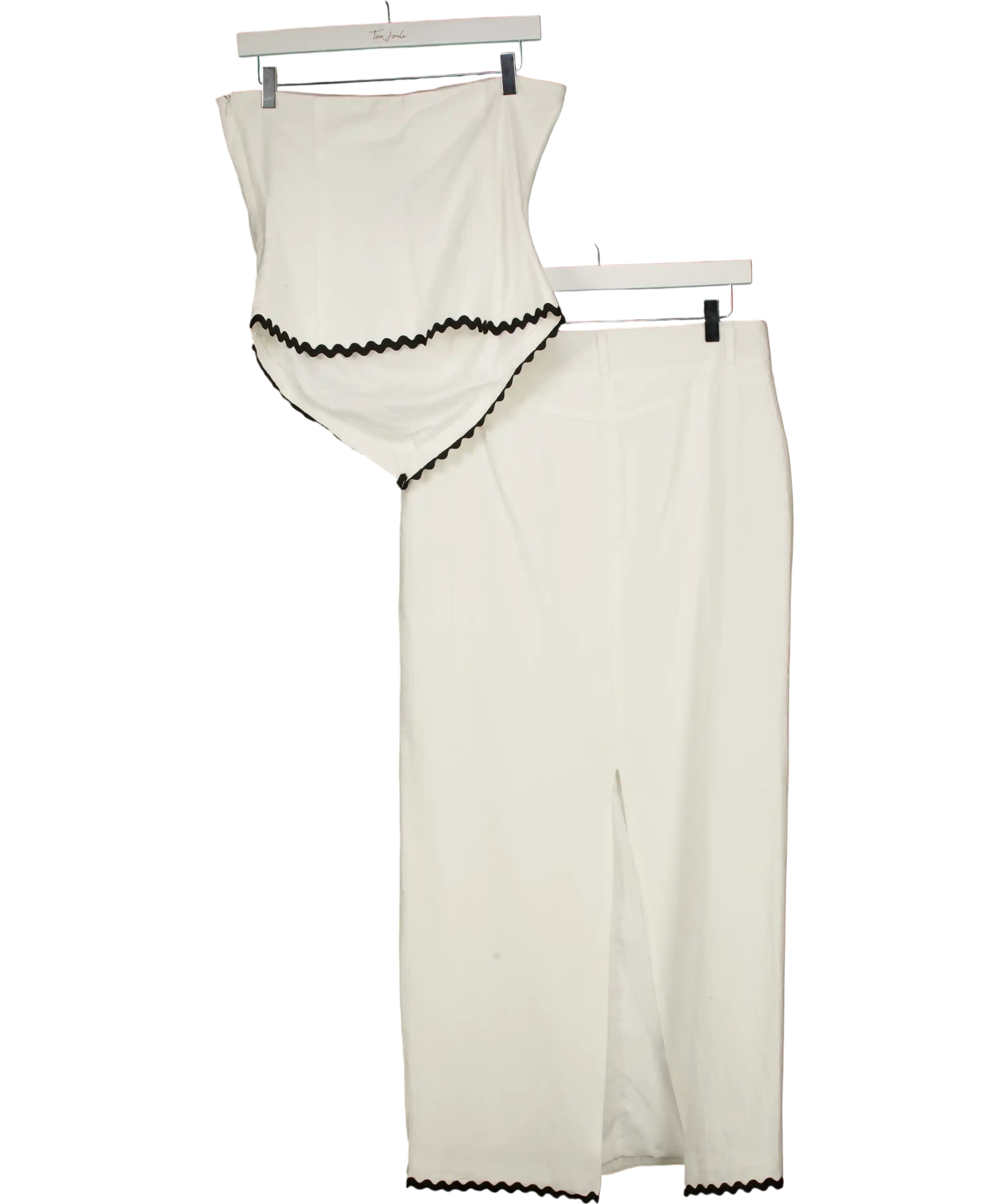 4th & Reckless White Linen Look Bandeau Envelope Hem Contrast Scallop Trim Top (uk 8)  And Maxi Skirt (uk 10) Co-ord Set UK S/M