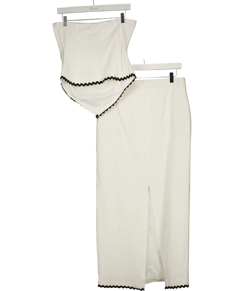 4th & Reckless White Linen Look Bandeau Envelope Hem Contrast Scallop Trim Top (uk 8)  And Maxi Skirt (uk 10) Co-ord Set UK S/M