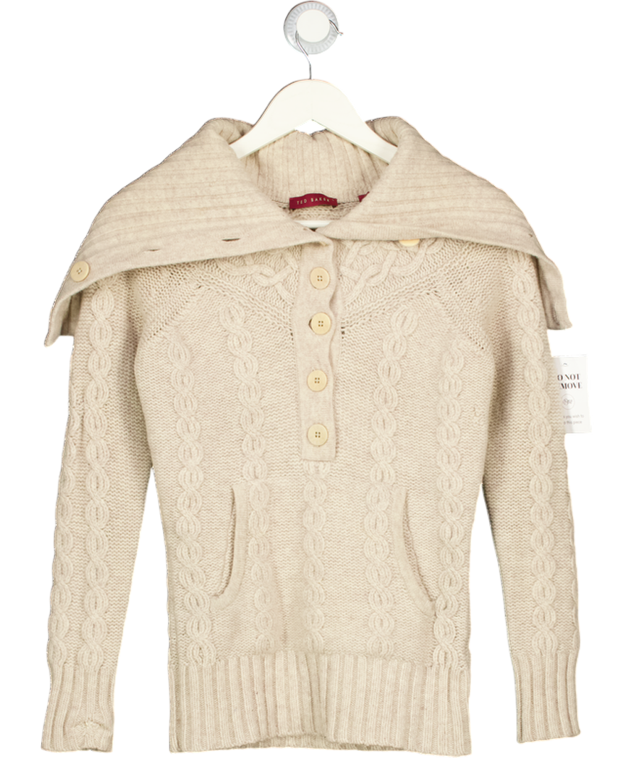 TED BAKER Beige Oversize Collar 100% Lambswool Cable Knit Jumper UK 8