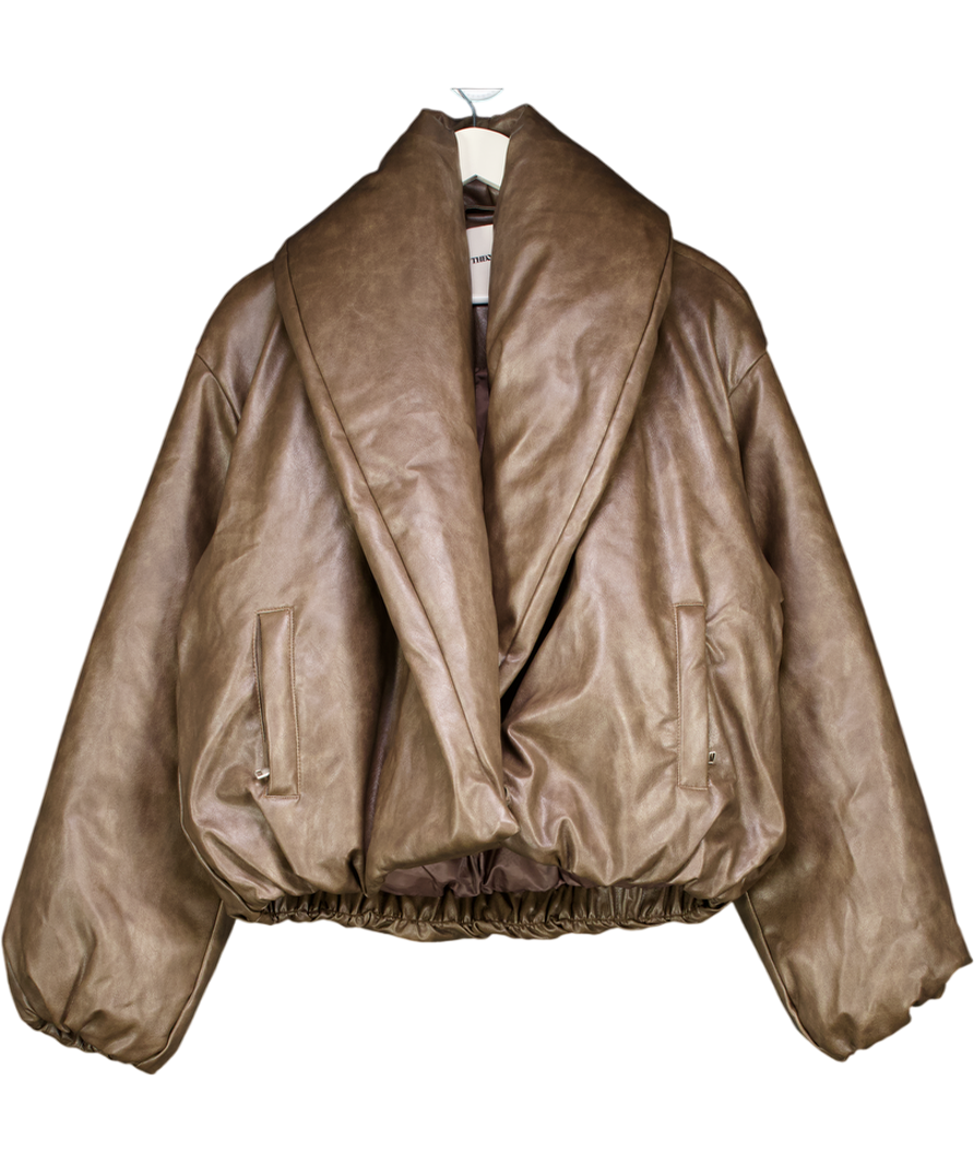 The Couture Club Brown Oversized Collar Faux Leather Puffer Coat UK M