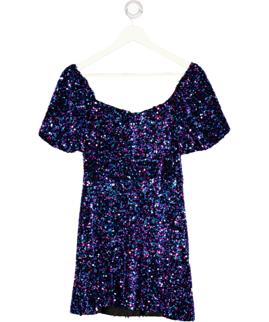 ZARA Blue Sequin Puff Sleeve Fit & Flare Mini Dress UK S