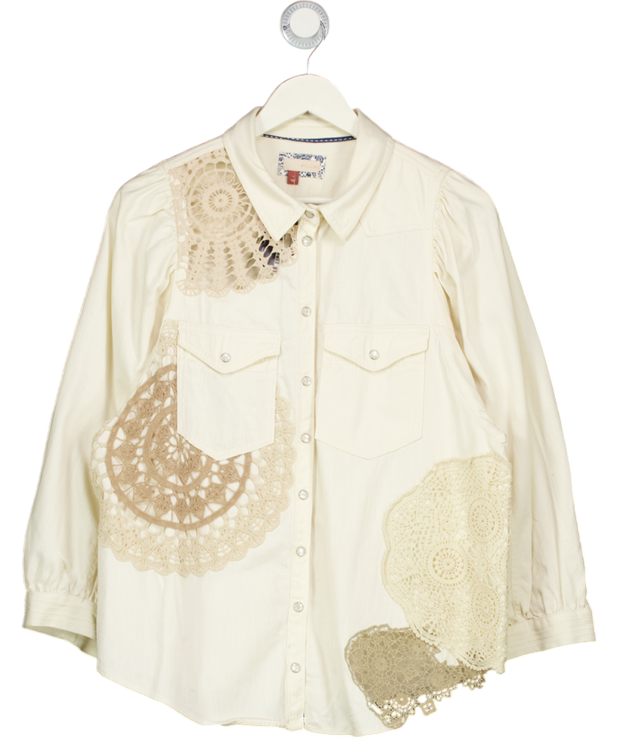 PILCRO Pilco Ecru Cream Denim Puff Sleeve Shirt With Lace Detail UK L