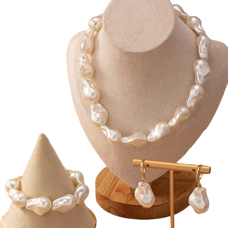 Cream / Gold 3 Piece Baroque Pearl Jewellery Set in tulle gift bag