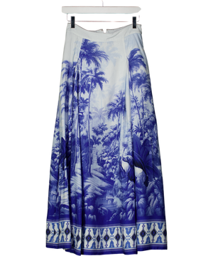 Karen Millen White / Blue Viscose Linen Scenic Print With Top Stitch Woven Maxi Skirt UK 6