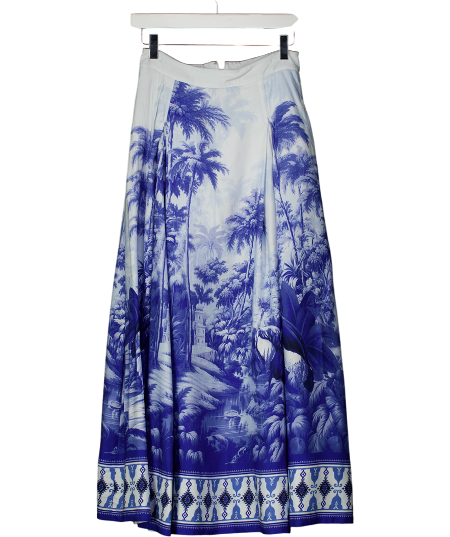 Karen Millen White / Blue Viscose Linen Scenic Print With Top Stitch Woven Maxi Skirt UK 6
