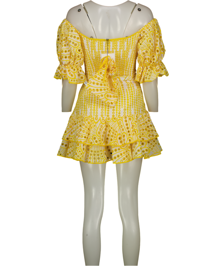 CHARO RUIZ IBIZA Yellow Jean Broderie Puff Sleeve Belted Mini Dress UK S