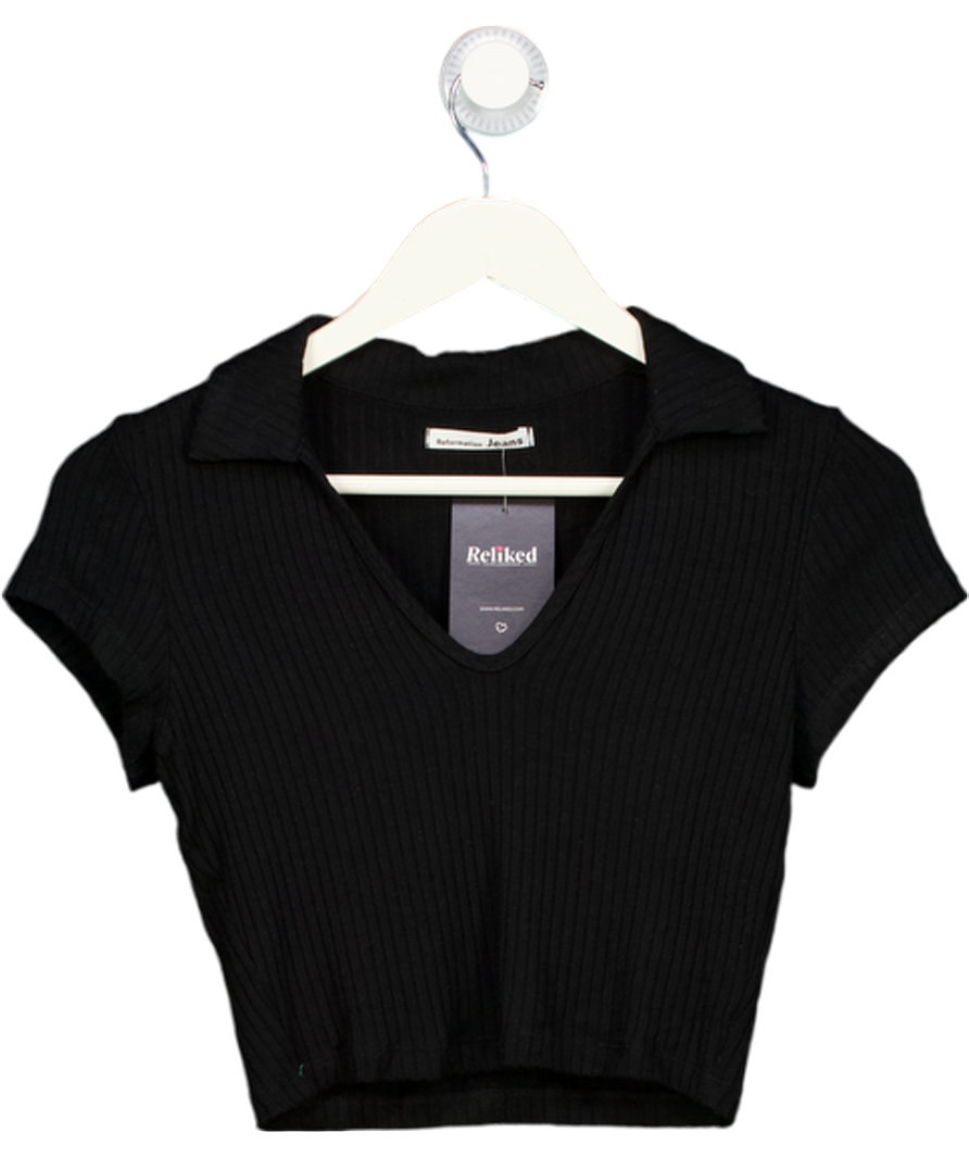 REFORMATION Black Ribbed Collared Crop Top UK XS