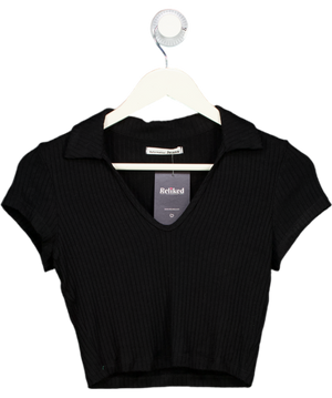REFORMATION Black Ribbed Collared Crop Top UK XS