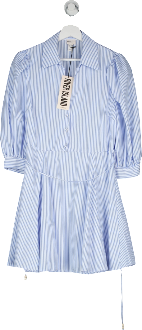 River Island Blue Stripe Puff Sleeve Mini Shirt Dress UK 12