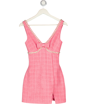 SELF PORTRAIT Pink Embellished Bow-detailed Bouclé-tweed Mini Dress UK 4