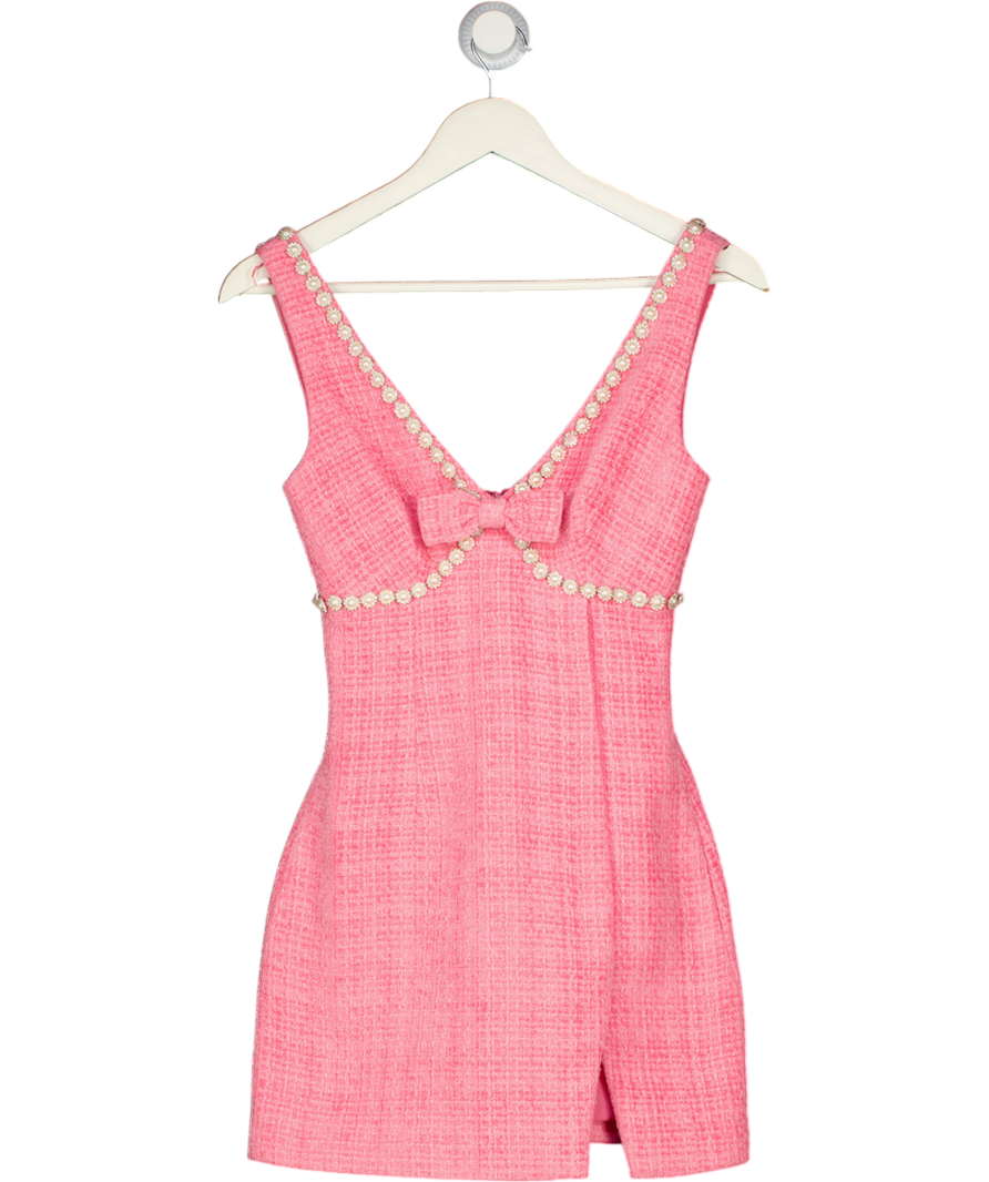 SELF PORTRAIT Pink Pearl Embellished Bow-detailed Bouclé-tweed Mini Dress UK 6