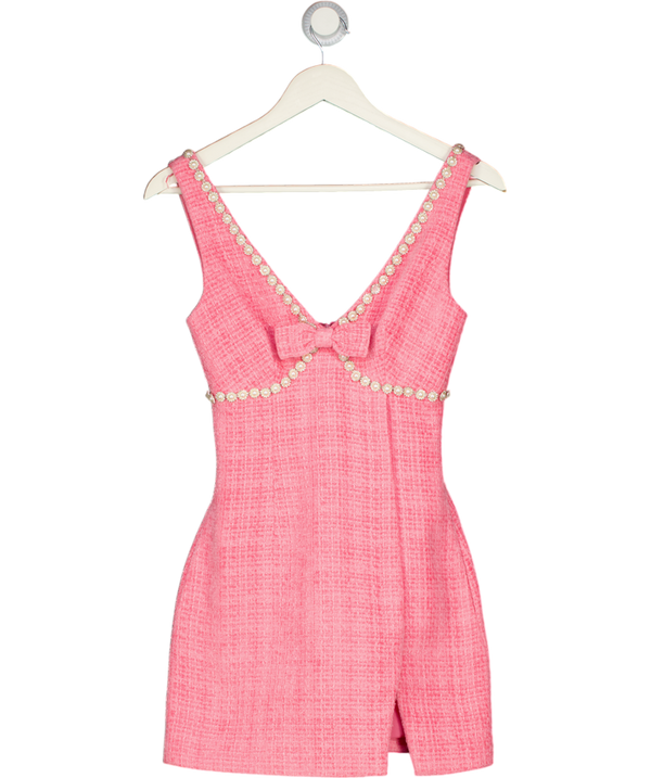 SELF PORTRAIT Pink Pearl Embellished Bow-detailed Bouclé-tweed Mini Dress UK 6