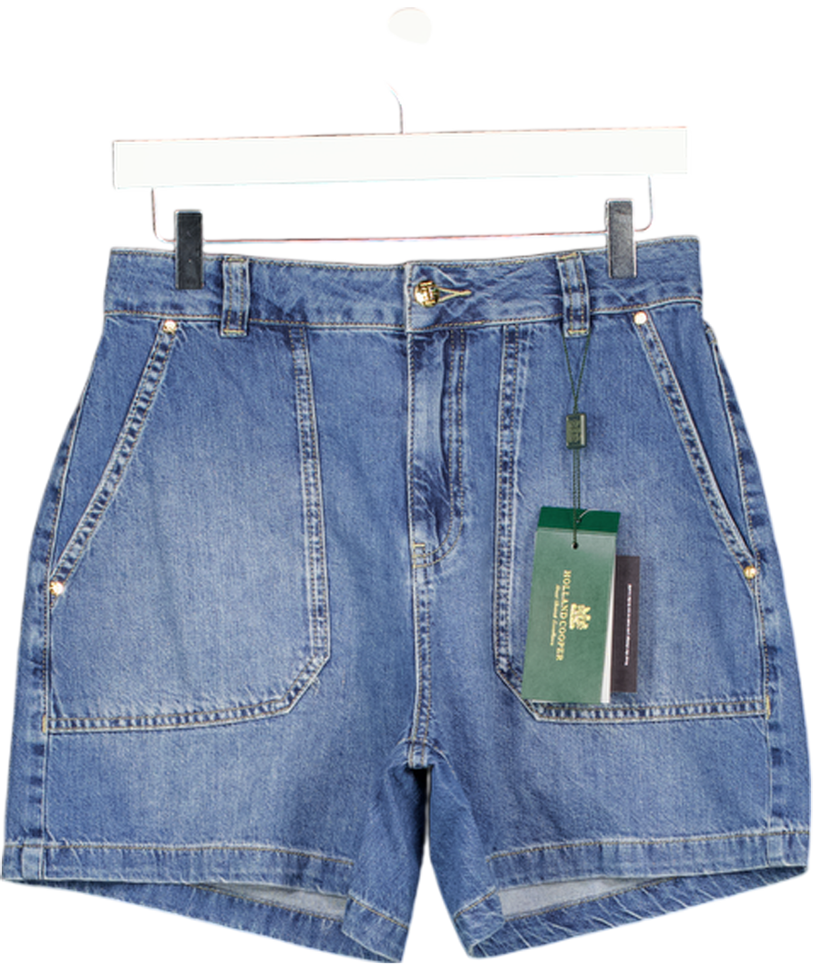 HOLLAND COOPER Blue Utility Denim Shorts With Embroidered Hc Monogram And Logo Patch UK 12