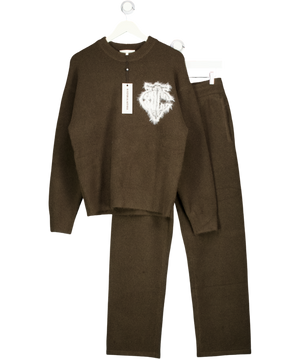 THE COUTURE CLUB Brown 2-piece Monogram Fluffy Knit Polo Jumper And Straight Leg Jogger Set UK XS