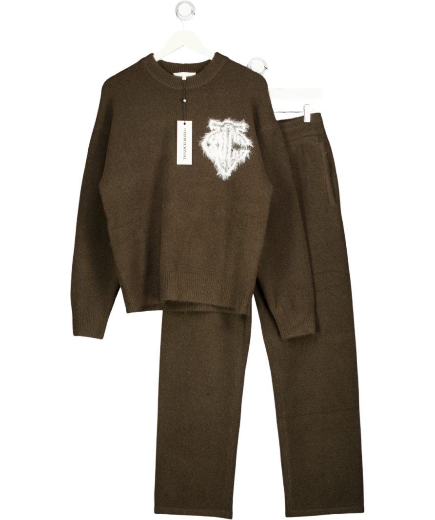 THE COUTURE CLUB Brown 2-piece Monogram Fluffy Knit Polo Jumper And Straight Leg Jogger Set UK XS