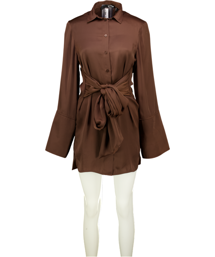 ROTATE Chocolate Brown Satin Tie Shirt Dress UK 6