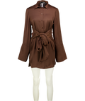 ROTATE Chocolate Brown Satin Tie Shirt Dress UK 6