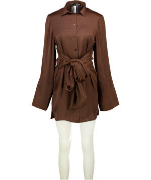 ROTATE Chocolate Brown Satin Tie Shirt Dress UK 6