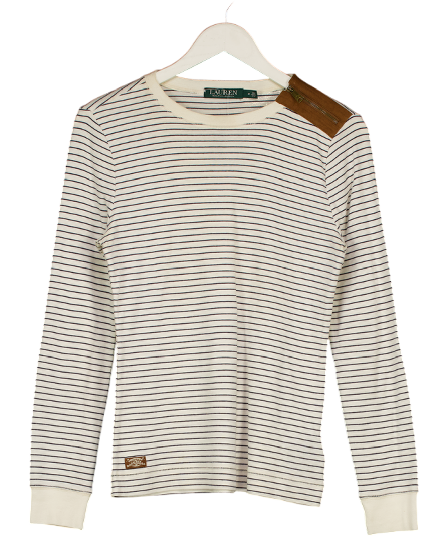Ralph Lauren Cream Striped Zip Detail Long Sleeve Top UK M
