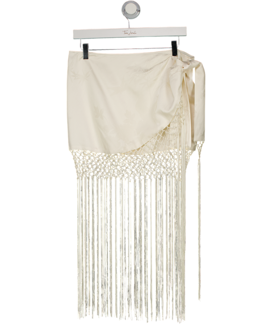 BOA. Cream Satin Jacquard Sarong Midi Skirt With Fringing UK M