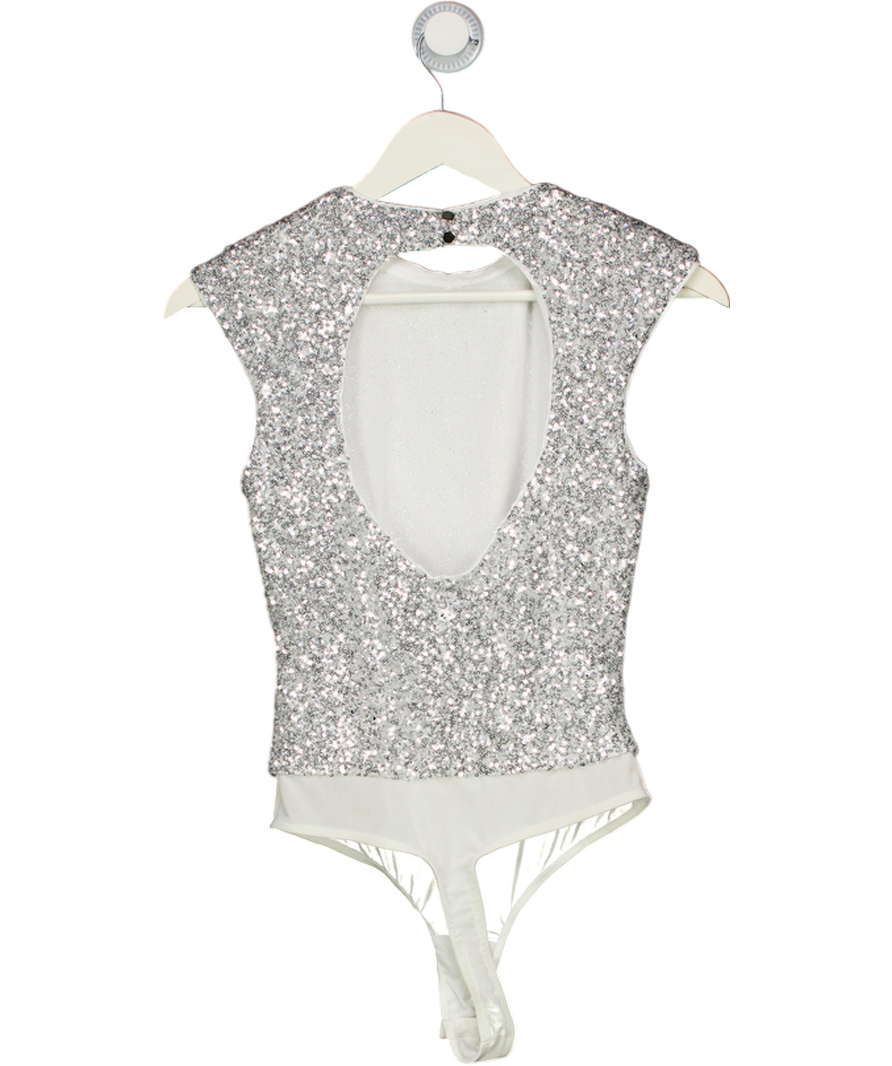 Karen Millen Metallic Silver Stretch Sequin Backless Bodysuit UK S