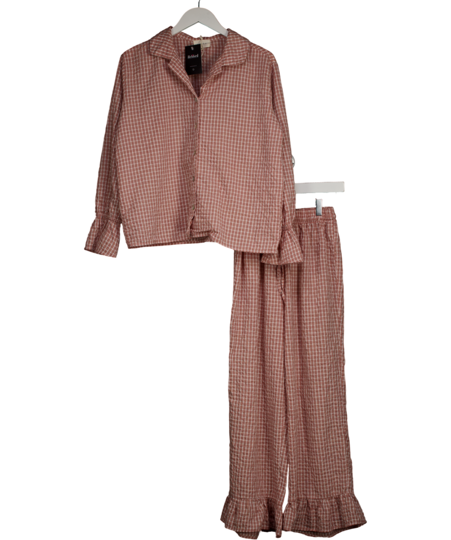 meeka Pink Taylor Crinkle Cotton Gingham Pyjama Set - Cinnamon Cherry UK M